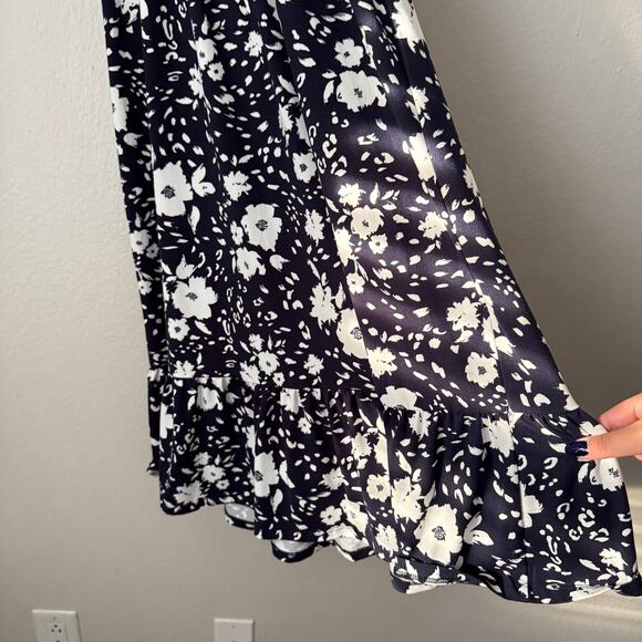 French Grey Womens Blue White Midi Dress Trumpet Flowy Elegant Strap Size Medium - Picture 10 of 11